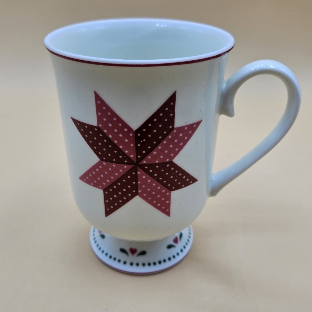 Vtg Pedestal Coffee Mug Red, Pink Quilted Star Coubtry Design